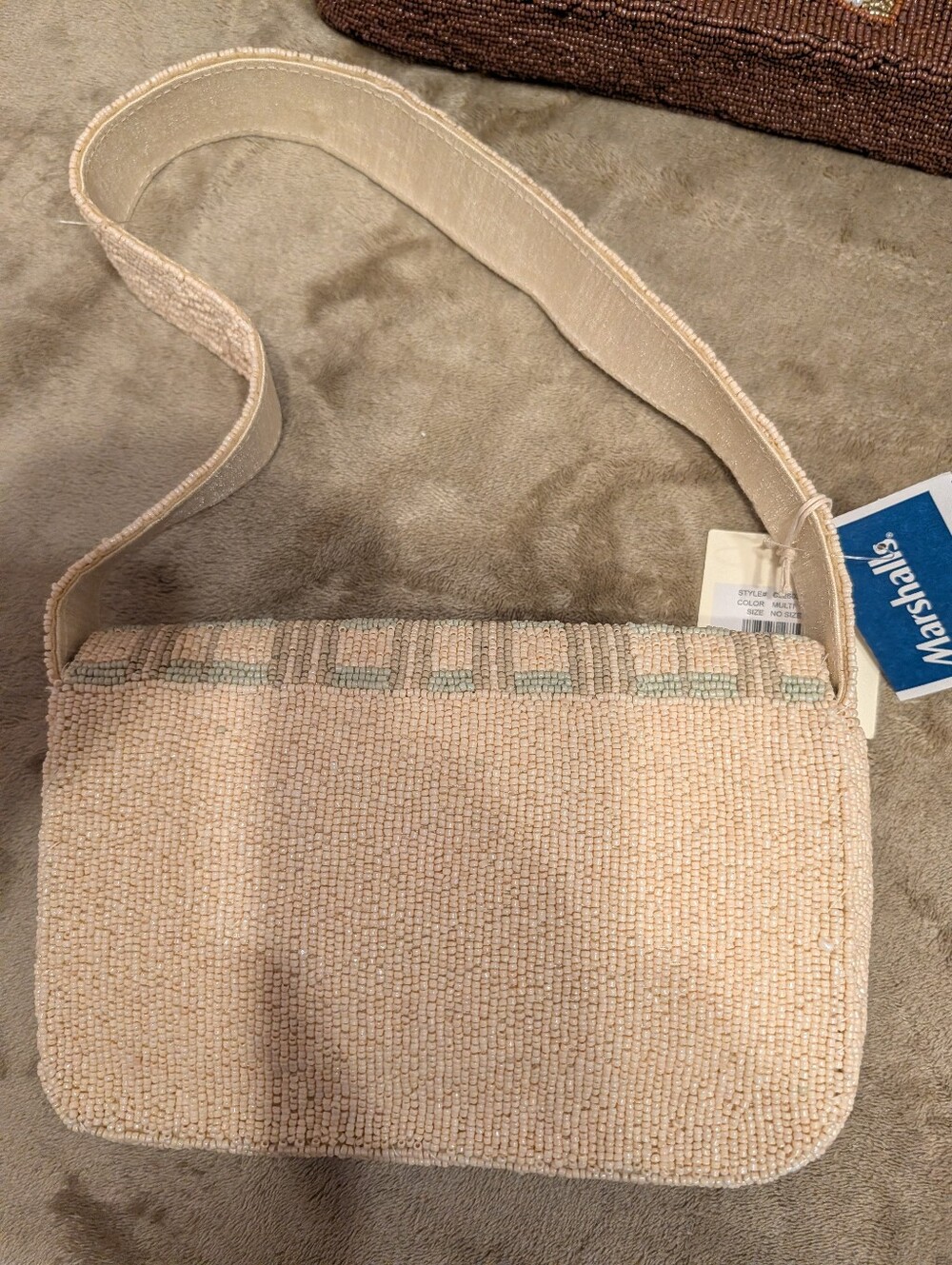 Viral Pumpkin Neutral Beaded Shoulder Bag with Subtle Mint Trim - Picture 4 of 4